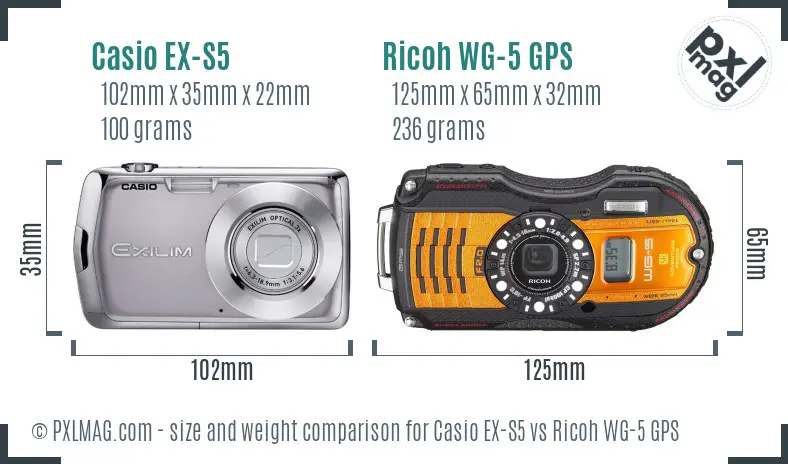 Casio EX-S5 vs Ricoh WG-5 GPS size comparison