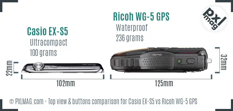 Casio EX-S5 vs Ricoh WG-5 GPS top view buttons comparison