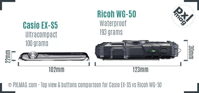 Casio EX-S5 vs Ricoh WG-50 top view buttons comparison