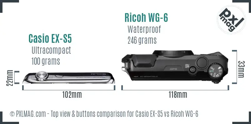 Casio EX-S5 vs Ricoh WG-6 top view buttons comparison