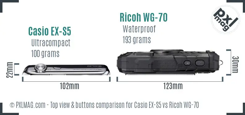 Casio EX-S5 vs Ricoh WG-70 top view buttons comparison