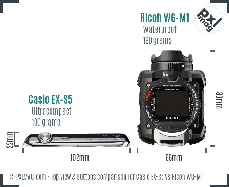 Casio EX-S5 vs Ricoh WG-M1 top view buttons comparison