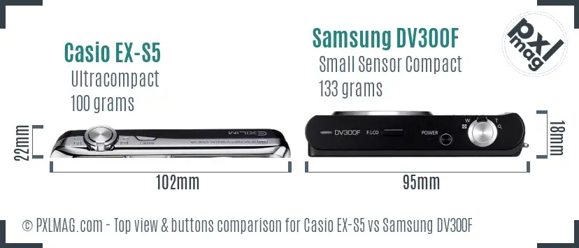 Casio EX-S5 vs Samsung DV300F top view buttons comparison Casio EX-S5 vs Samsung DV300F top view buttons comparison