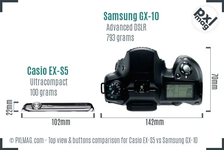 Casio EX-S5 vs Samsung GX-10 top view buttons comparison