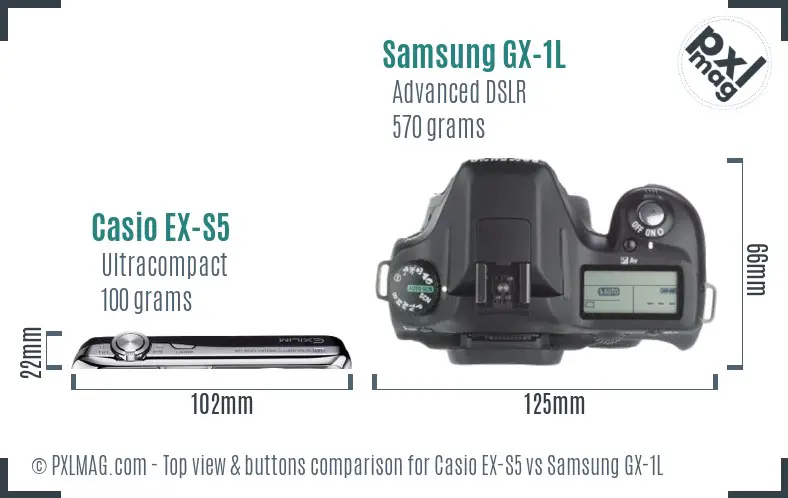 Casio EX-S5 vs Samsung GX-1L top view buttons comparison