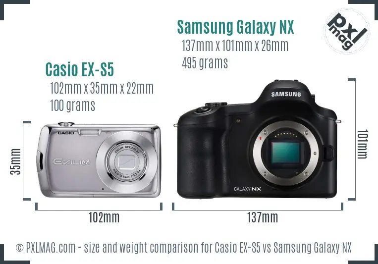 Casio EX-S5 vs Samsung Galaxy NX size comparison Casio EX-S5 vs Samsung Galaxy NX size comparison