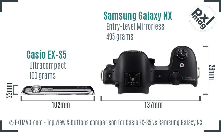 Casio EX-S5 vs Samsung Galaxy NX top view buttons comparison Casio EX-S5 vs Samsung Galaxy NX top view buttons comparison