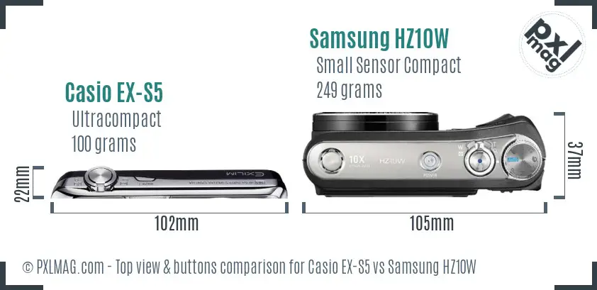 Casio EX-S5 vs Samsung HZ10W top view buttons comparison Casio EX-S5 vs Samsung HZ10W top view buttons comparison
