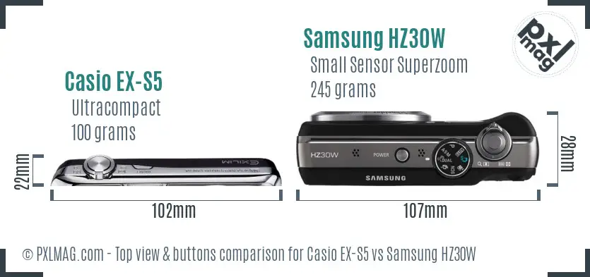 Casio EX-S5 vs Samsung HZ30W top view buttons comparison