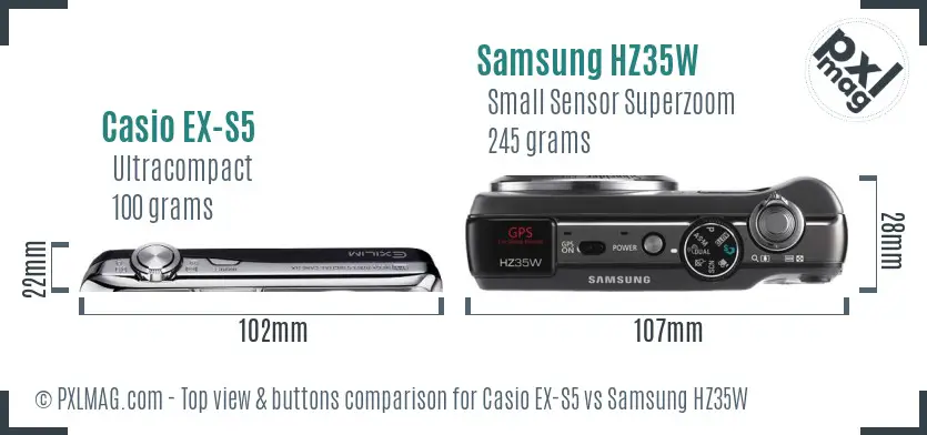 Casio EX-S5 vs Samsung HZ35W top view buttons comparison