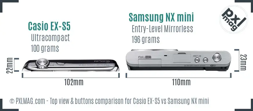 Casio EX-S5 vs Samsung NX mini top view buttons comparison