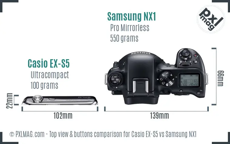 Casio EX-S5 vs Samsung NX1 top view buttons comparison