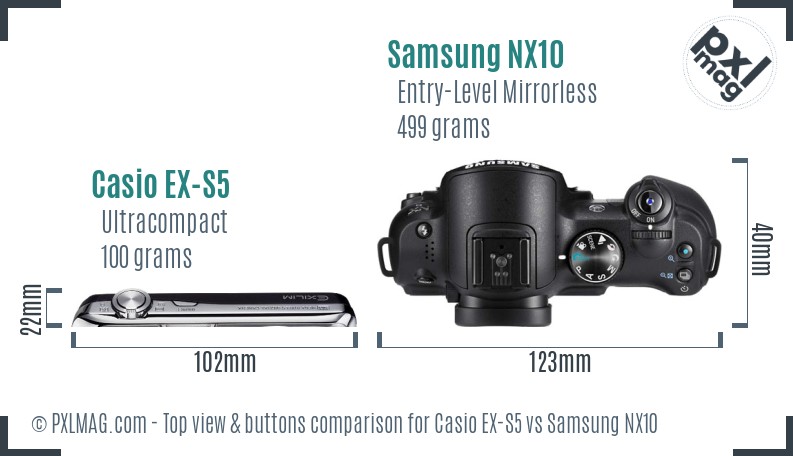 Casio EX-S5 vs Samsung NX10 top view buttons comparison