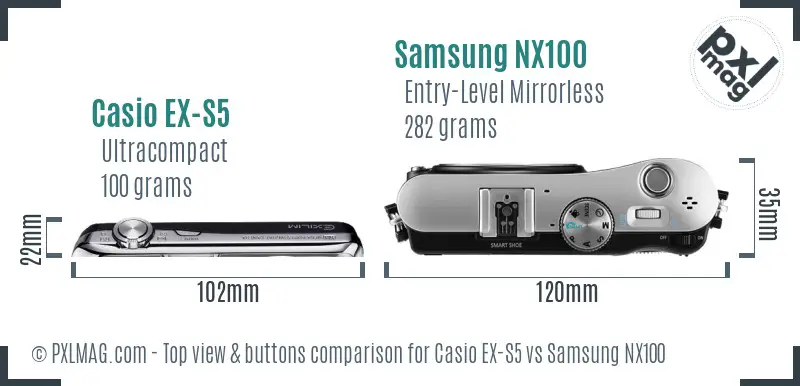 Casio EX-S5 vs Samsung NX100 top view buttons comparison
