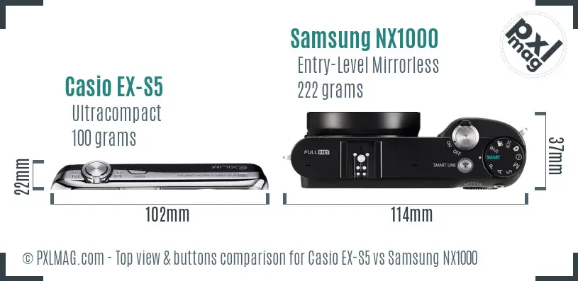 Casio EX-S5 vs Samsung NX1000 top view buttons comparison