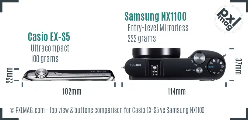 Casio EX-S5 vs Samsung NX1100 top view buttons comparison