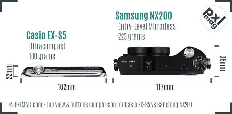 Casio EX-S5 vs Samsung NX200 top view buttons comparison