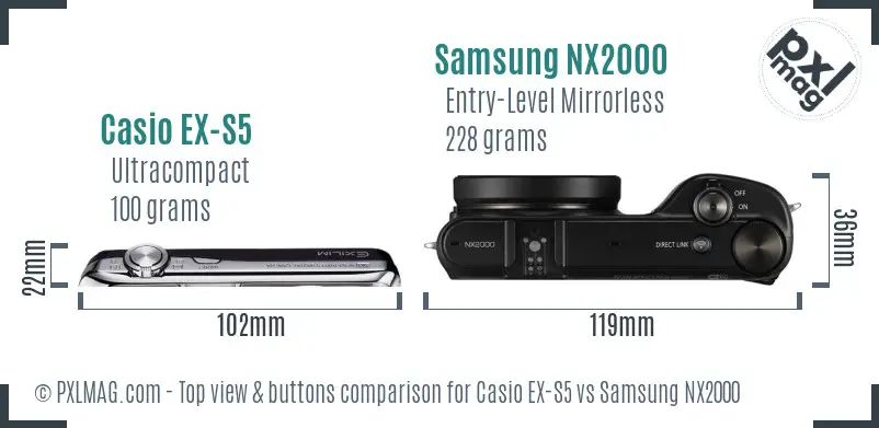 Casio EX-S5 vs Samsung NX2000 top view buttons comparison Casio EX-S5 vs Samsung NX2000 top view buttons comparison