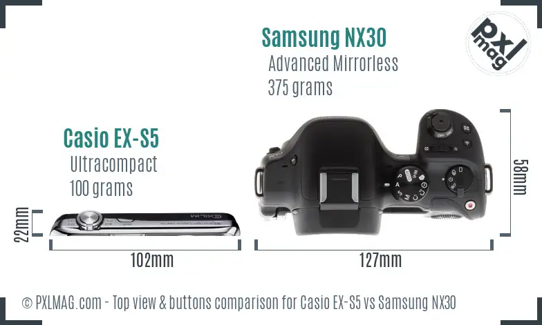 Casio EX-S5 vs Samsung NX30 top view buttons comparison