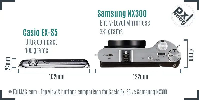 Casio EX-S5 vs Samsung NX300 top view buttons comparison Casio EX-S5 vs Samsung NX300 top view buttons comparison