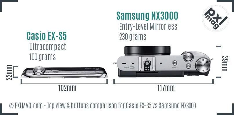 Casio EX-S5 vs Samsung NX3000 top view buttons comparison