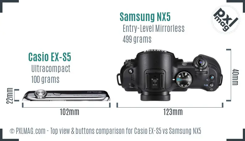 Casio EX-S5 vs Samsung NX5 top view buttons comparison