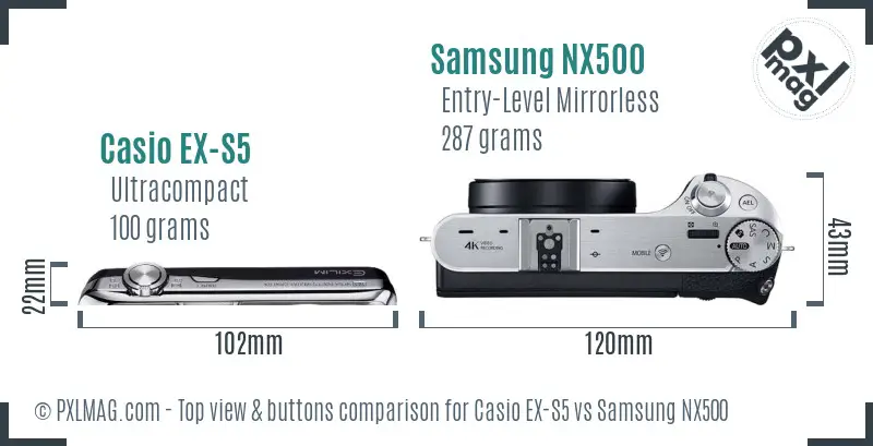 Casio EX-S5 vs Samsung NX500 top view buttons comparison