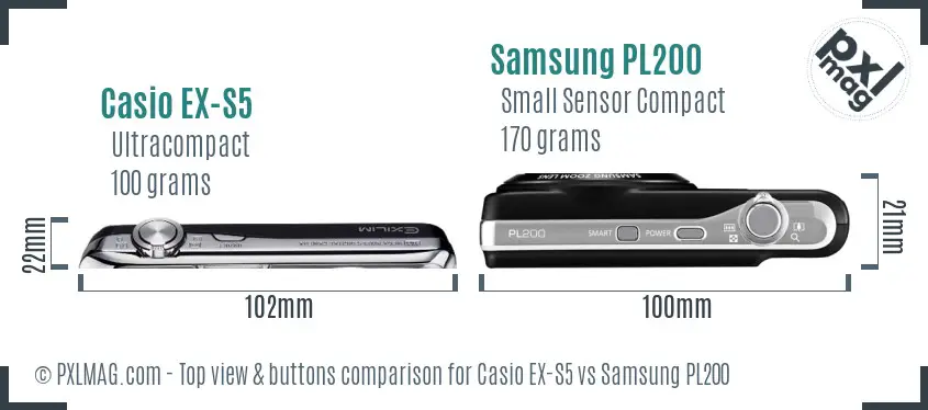 Casio EX-S5 vs Samsung PL200 top view buttons comparison
