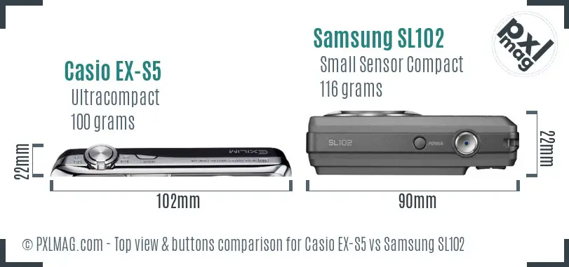 Casio EX-S5 vs Samsung SL102 top view buttons comparison