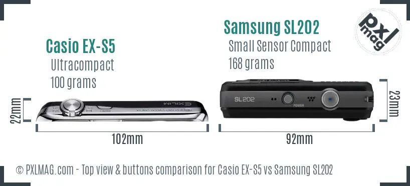 Casio EX-S5 vs Samsung SL202 top view buttons comparison