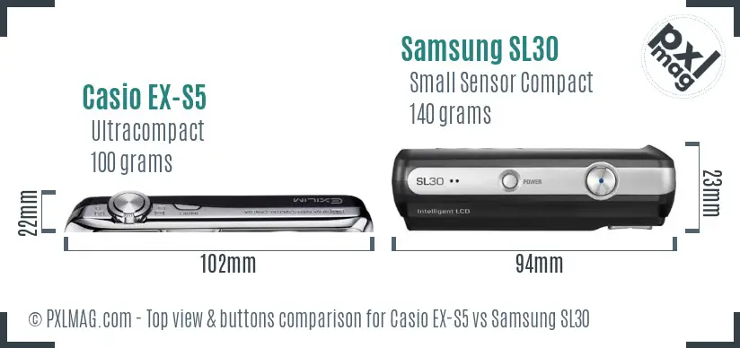 Casio EX-S5 vs Samsung SL30 top view buttons comparison
