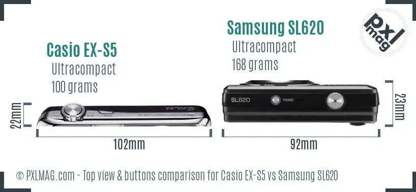 Casio EX-S5 vs Samsung SL620 top view buttons comparison