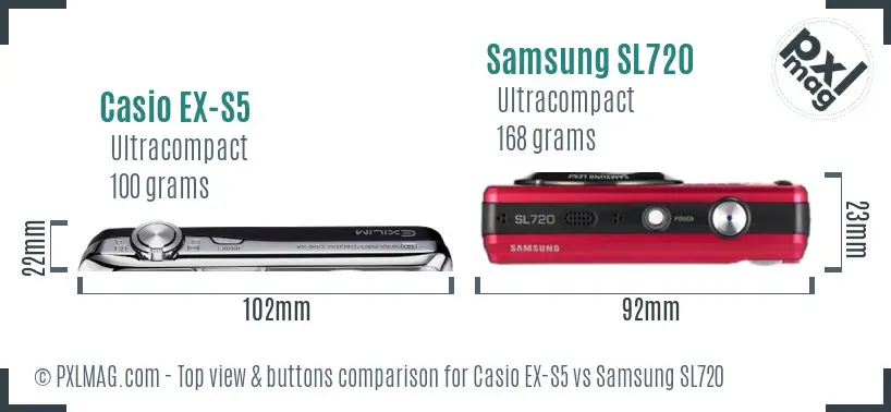 Casio EX-S5 vs Samsung SL720 top view buttons comparison