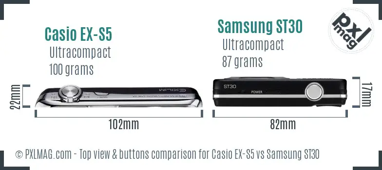 Casio EX-S5 vs Samsung ST30 top view buttons comparison