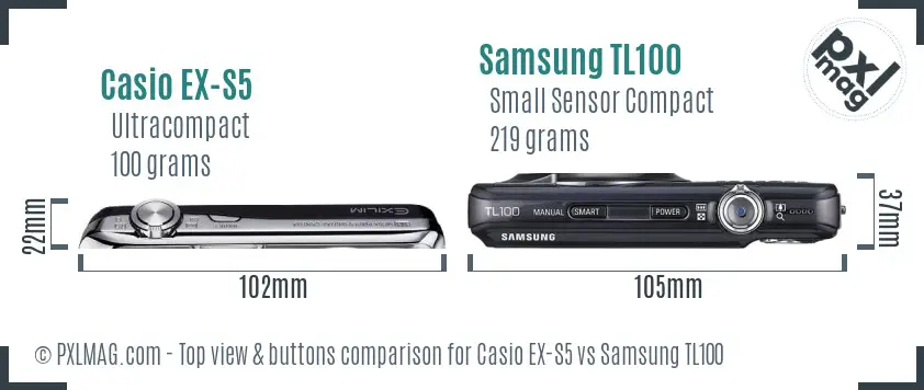 Casio EX-S5 vs Samsung TL100 top view buttons comparison