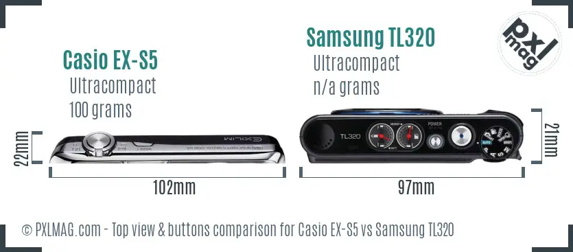 Casio EX-S5 vs Samsung TL320 top view buttons comparison