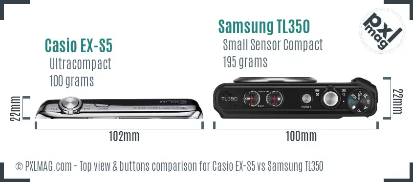 Casio EX-S5 vs Samsung TL350 top view buttons comparison