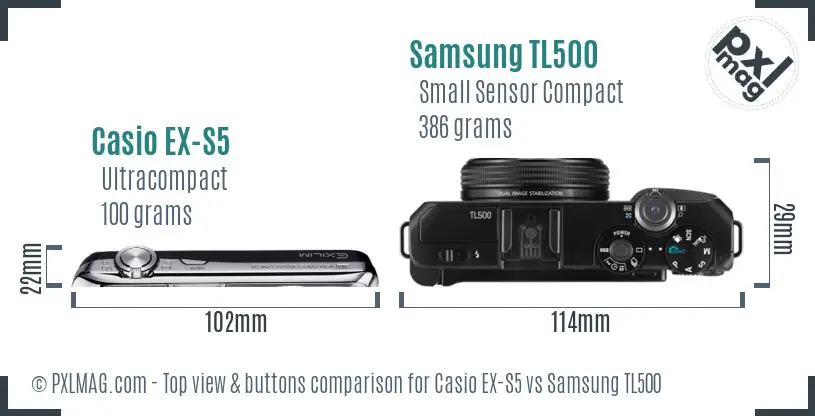 Casio EX-S5 vs Samsung TL500 top view buttons comparison