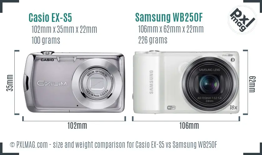 Casio EX-S5 vs Samsung WB250F size comparison
