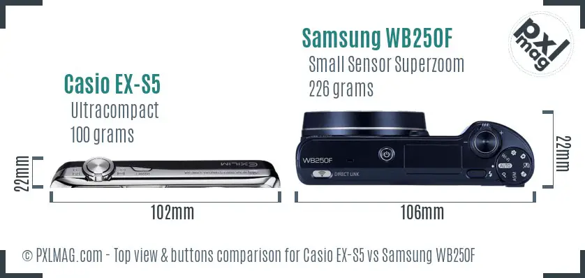Casio EX-S5 vs Samsung WB250F top view buttons comparison
