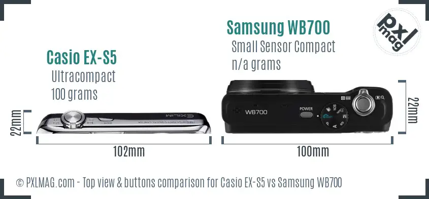 Casio EX-S5 vs Samsung WB700 top view buttons comparison Casio EX-S5 vs Samsung WB700 top view buttons comparison