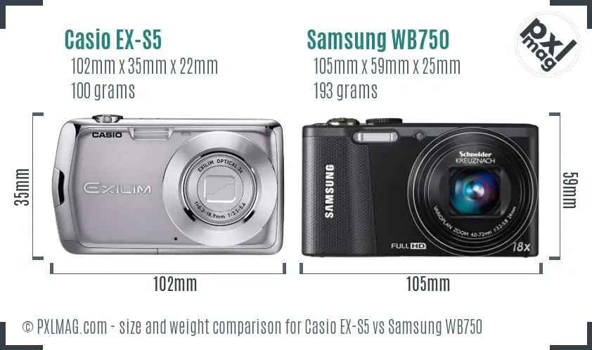 Casio EX-S5 vs Samsung WB750 size comparison Casio EX-S5 vs Samsung WB750 size comparison