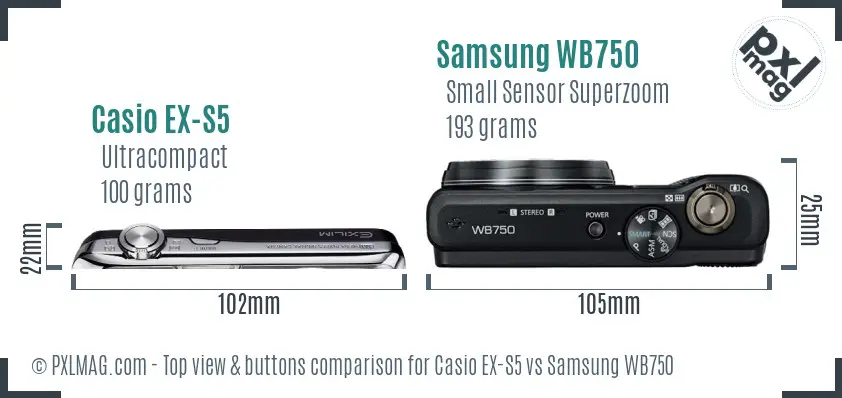 Casio EX-S5 vs Samsung WB750 top view buttons comparison Casio EX-S5 vs Samsung WB750 top view buttons comparison