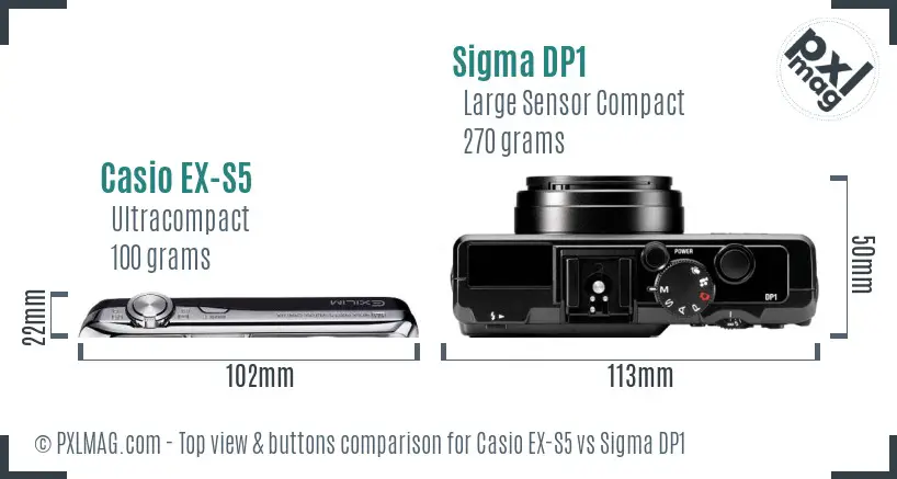 Casio EX-S5 vs Sigma DP1 top view buttons comparison