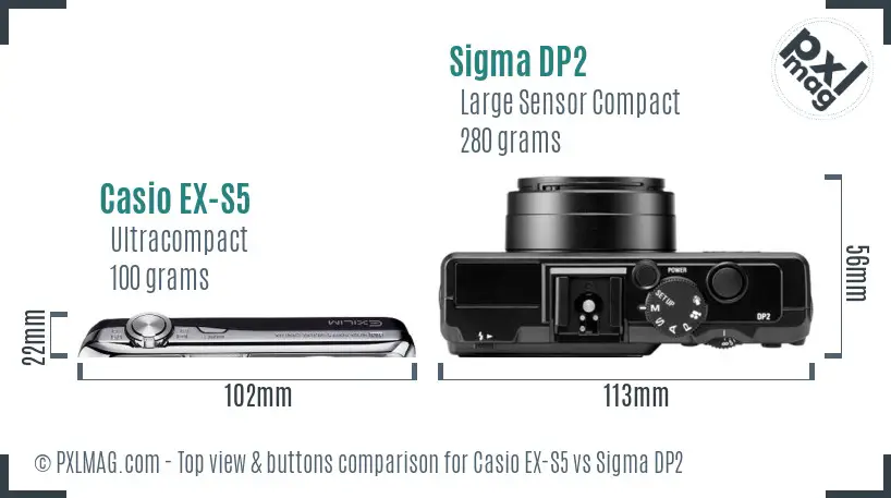 Casio EX-S5 vs Sigma DP2 top view buttons comparison Casio EX-S5 vs Sigma DP2 top view buttons comparison