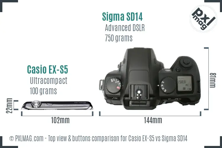 Casio EX-S5 vs Sigma SD14 top view buttons comparison
