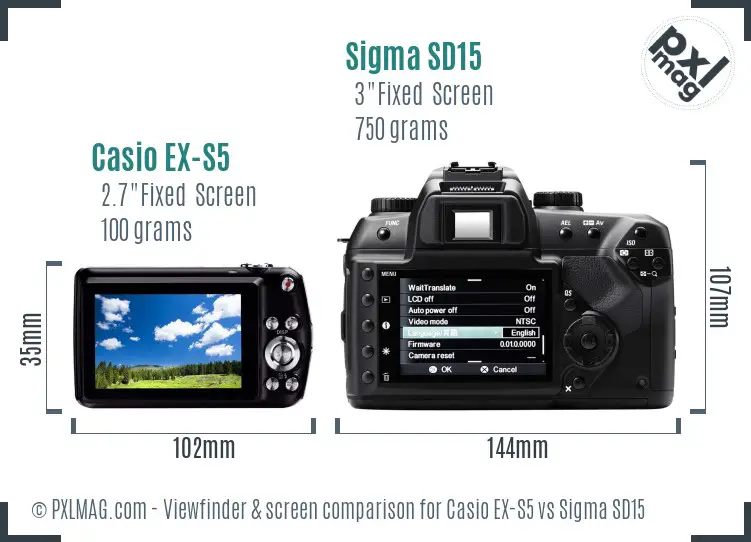Casio EX-S5 vs Sigma SD15 Screen and Viewfinder comparison