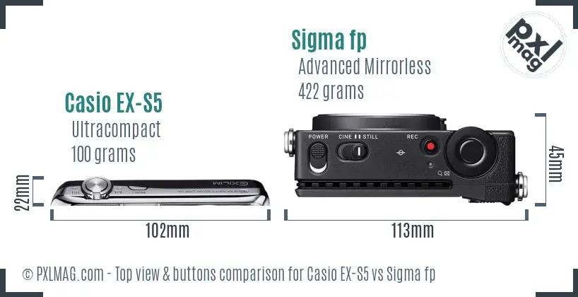 Casio EX-S5 vs Sigma fp top view buttons comparison