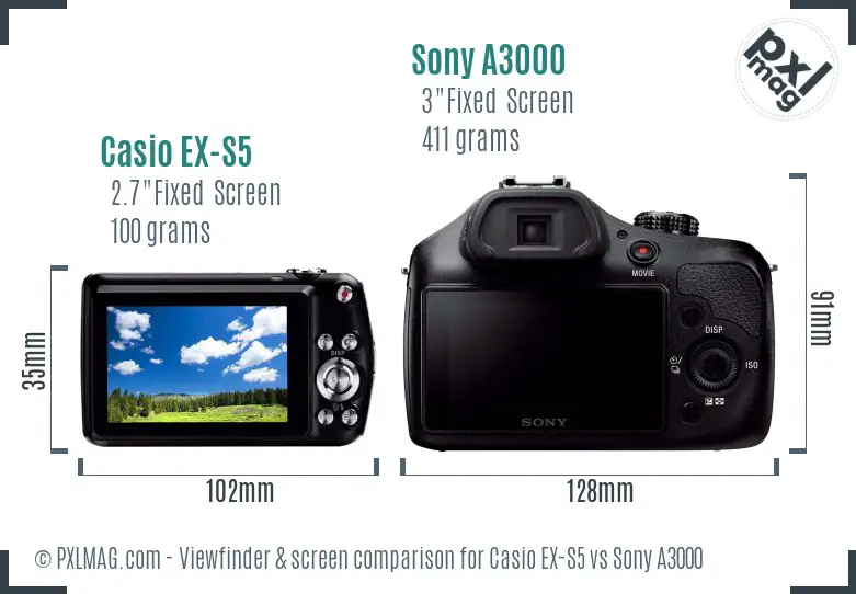 Casio EX-S5 vs Sony A3000 Screen and Viewfinder comparison