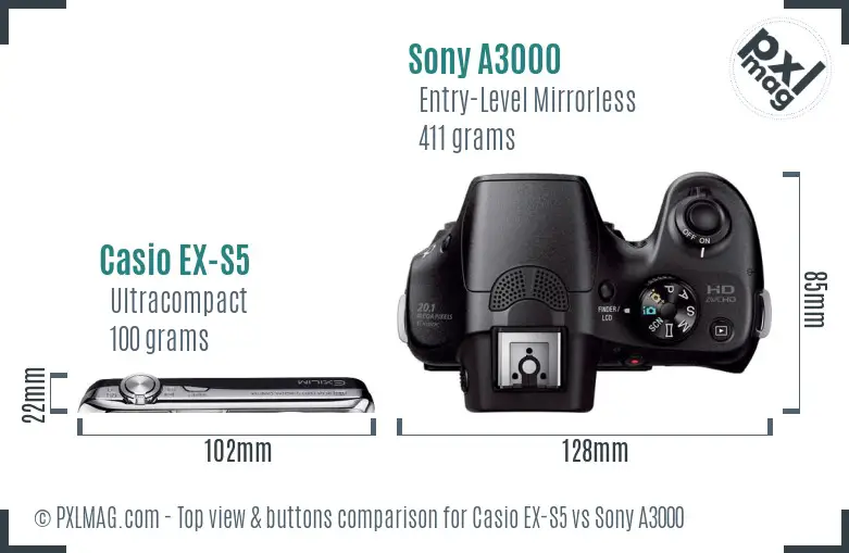 Casio EX-S5 vs Sony A3000 top view buttons comparison